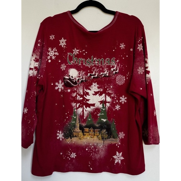 Vtg Red Christmas Pullover Shirt Santa Sleigh Reindeer Rhinestones Snowflake - Picture 14 of 16